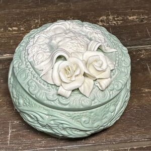 VTG JTS Jasperware Porcelain Mint Green White Cameo Roses Footed Trinket Box